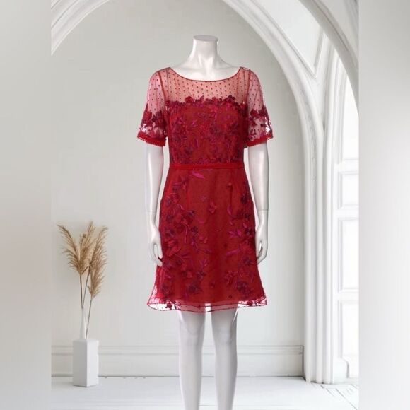 Marchesa Notte Red Embroidered Floral Embellished Short Sleeve Dress Sz 6 - Picture 1 of 9